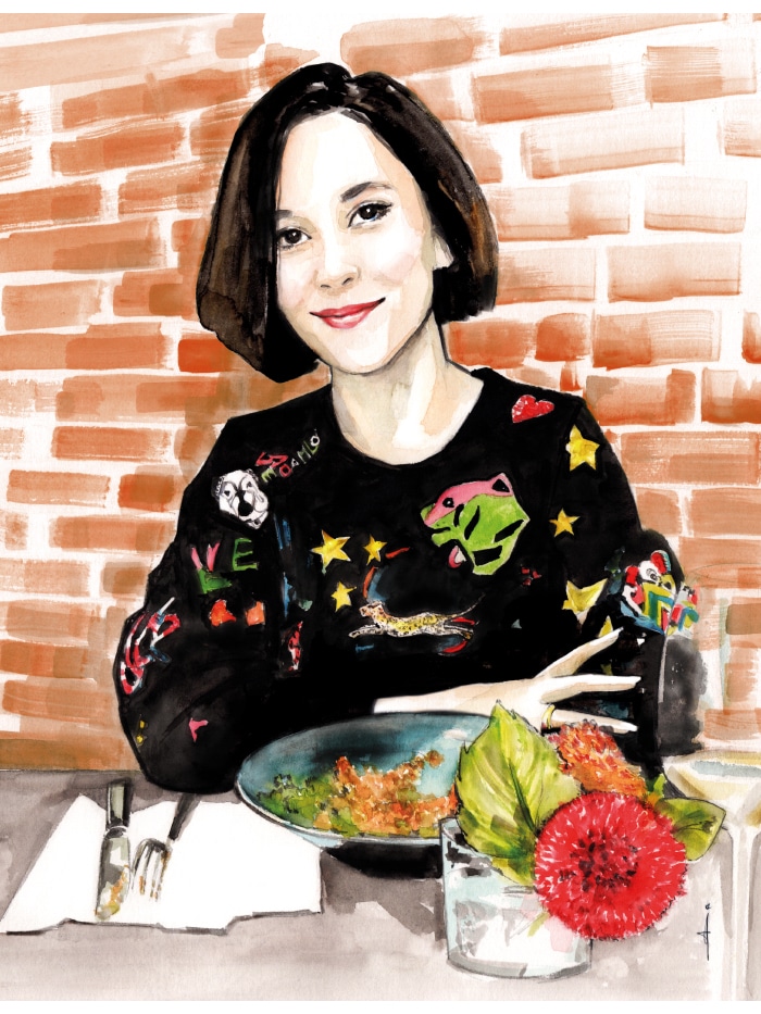 illustrated portrait of Sibil Kekelli at the dinner table