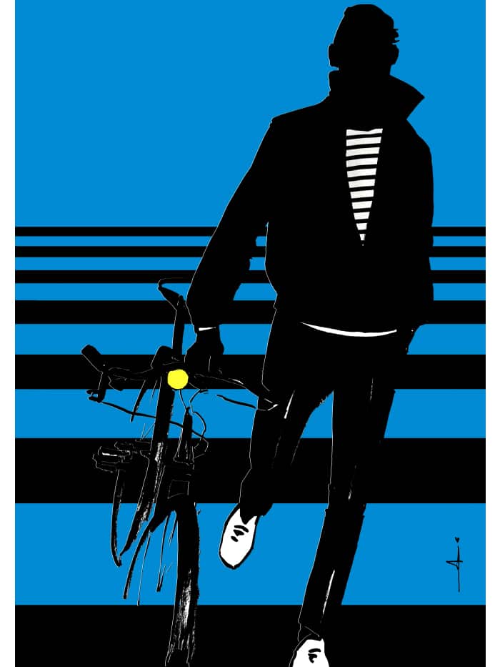 fashion illustration of a man walking with his bike in black and white