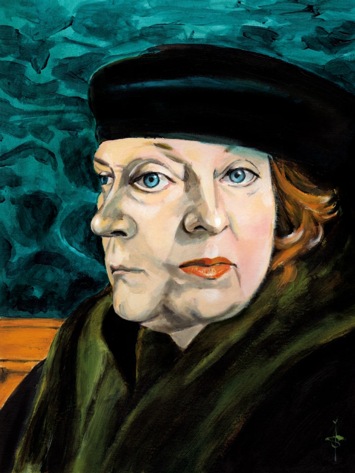 illustration of two faces merged together wearing a hat and a green coat