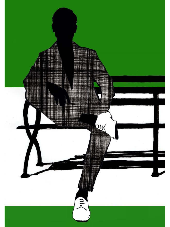 illustration of a non recognisable man sitting on a bench with a suit on
