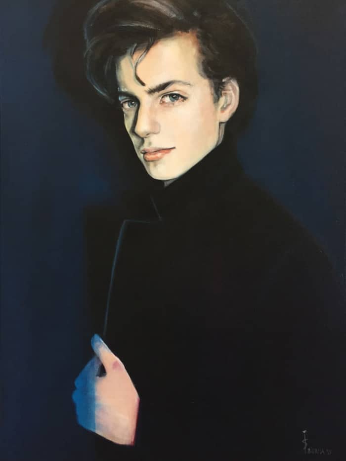 art portrait of a brown haired young man with a black coat on from the side with a dark blue background