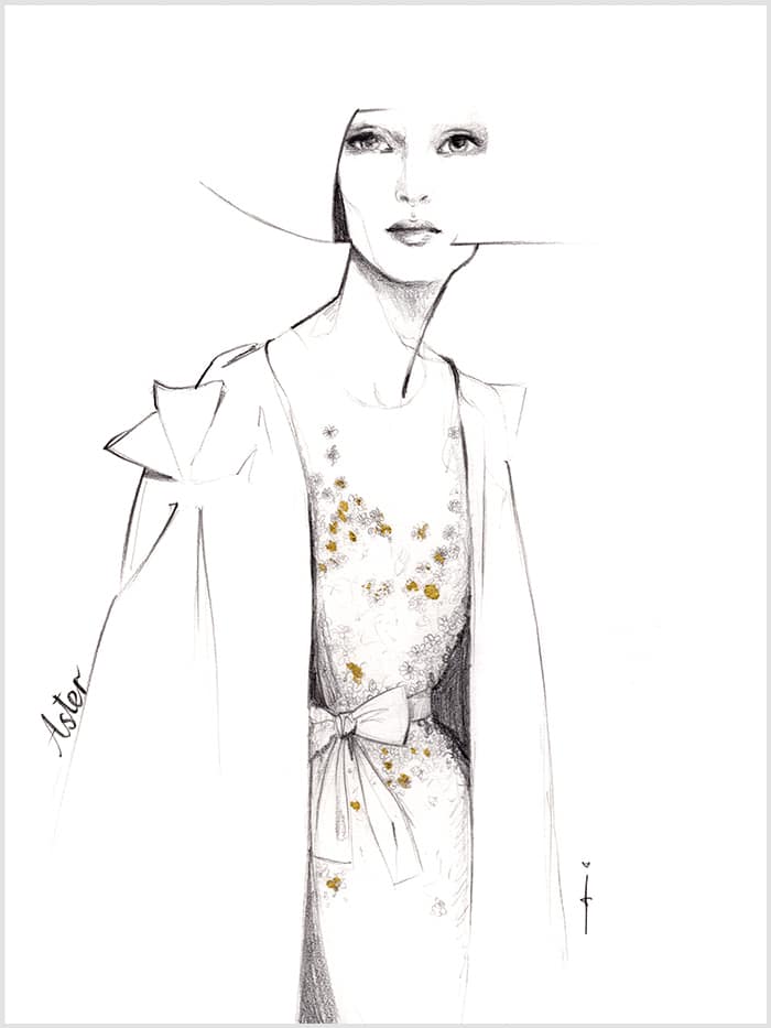 black and white illustrationof a woman with short hair a dress on and a coat over the shoulders