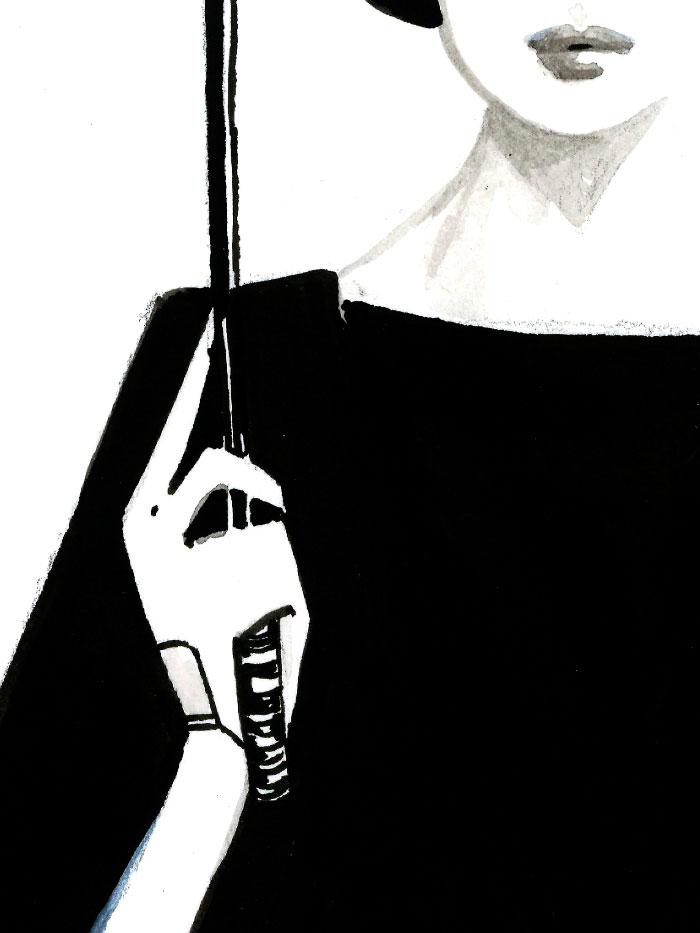 black and white illustration of a woman holding an umbrella and dripping below the waist detail hand left hand