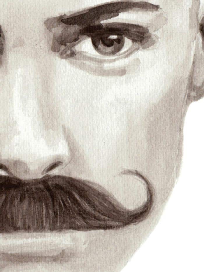 black and white illustrated portrait of a man with a moustache detail of moustache and face