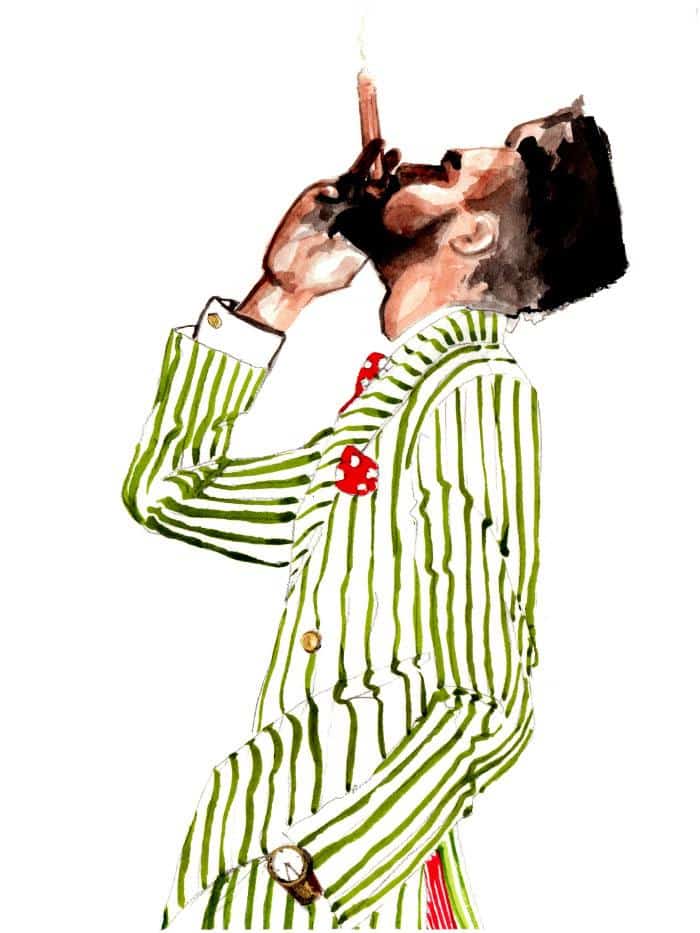 side profile illustration of a man smoking a cigar in a green suit detail of upper body
