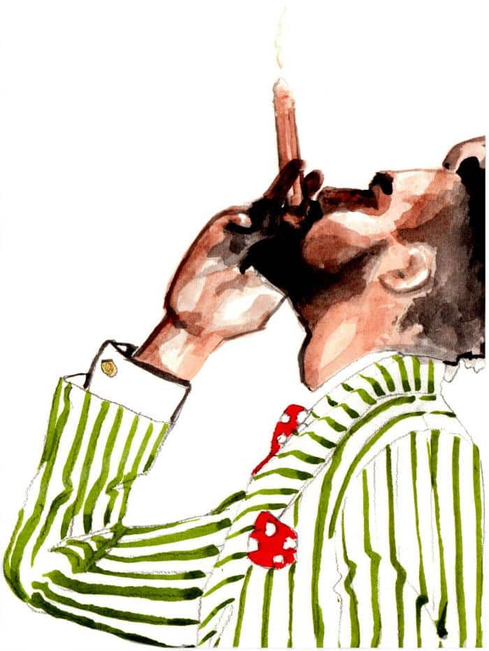 side profile illustration of a man smoking a cigar in a green suit detail of smoking a cigar
