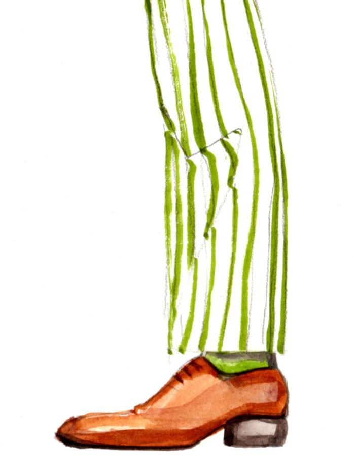 side profile illustration of a man smoking a cigar in a green suit detail of legs and shoes