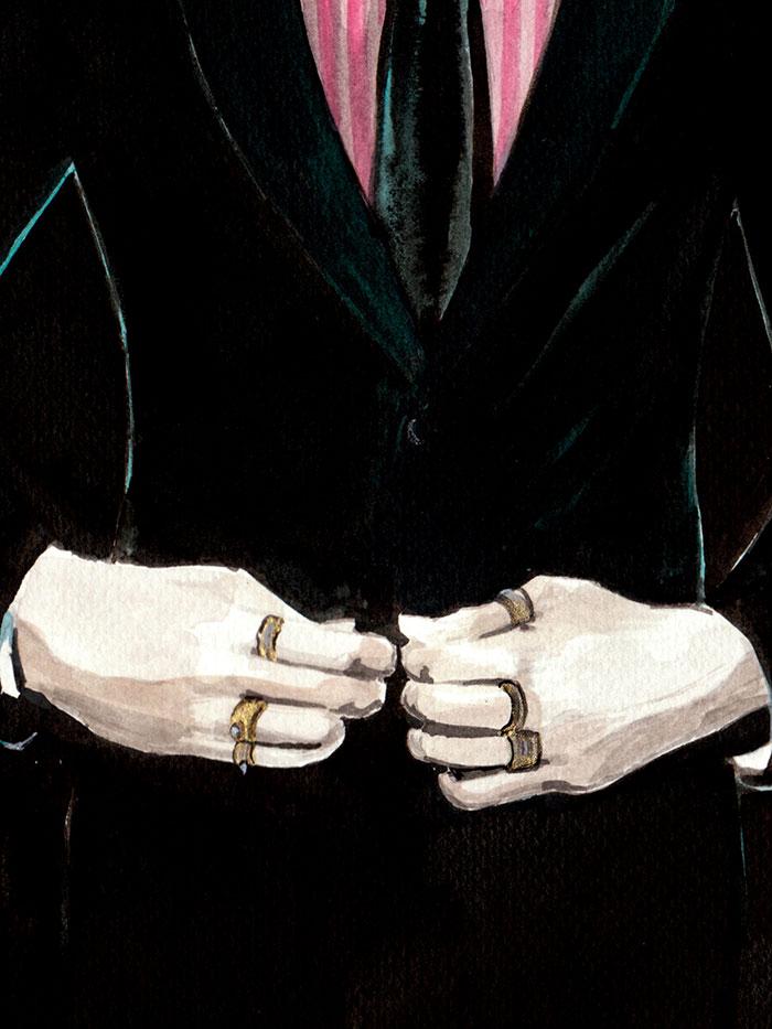 illustration of a man with a moustache in a black suit and rings around his fingers detail of hands