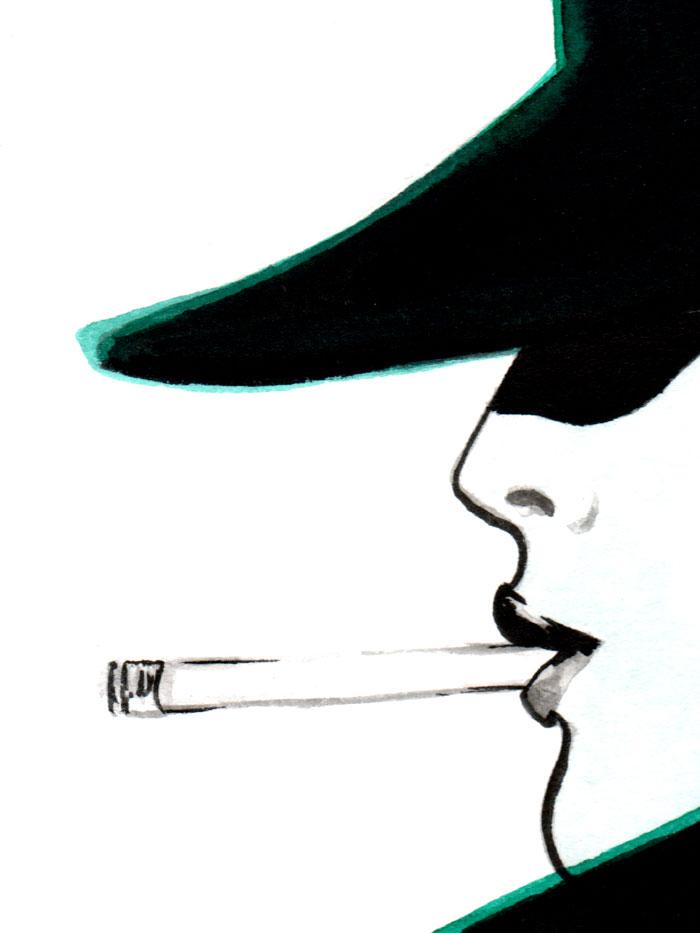 side profile illustration of a woman with a hat and coat that covers most of her face smoking a cigarette detail of the cigarette in mouth