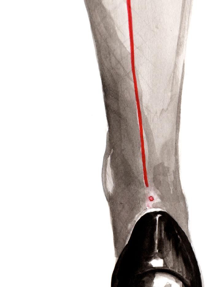 illustration of two legs seen from the back with heels on and red accents on the heels and legs detail of the left leg