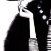 black and white illustration of a woman smoking and a pearl necklace detail of sigarette in hand