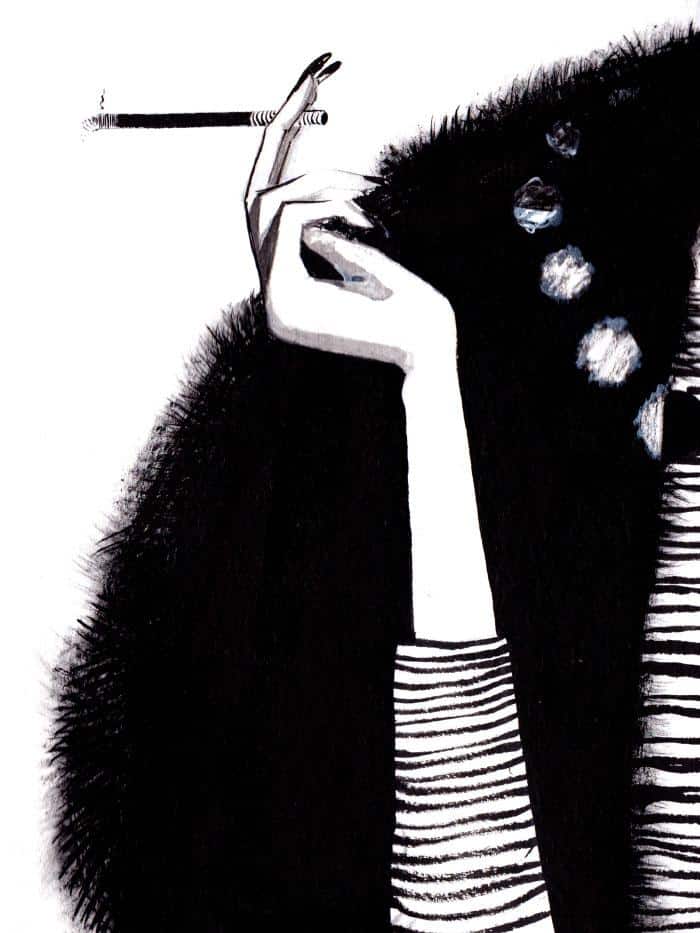 black and white illustration of a woman smoking and a pearl necklace detail of sigarette in hand
