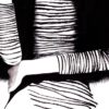 black and white illustration of a woman smoking and a pearl necklace detail of arm around waist