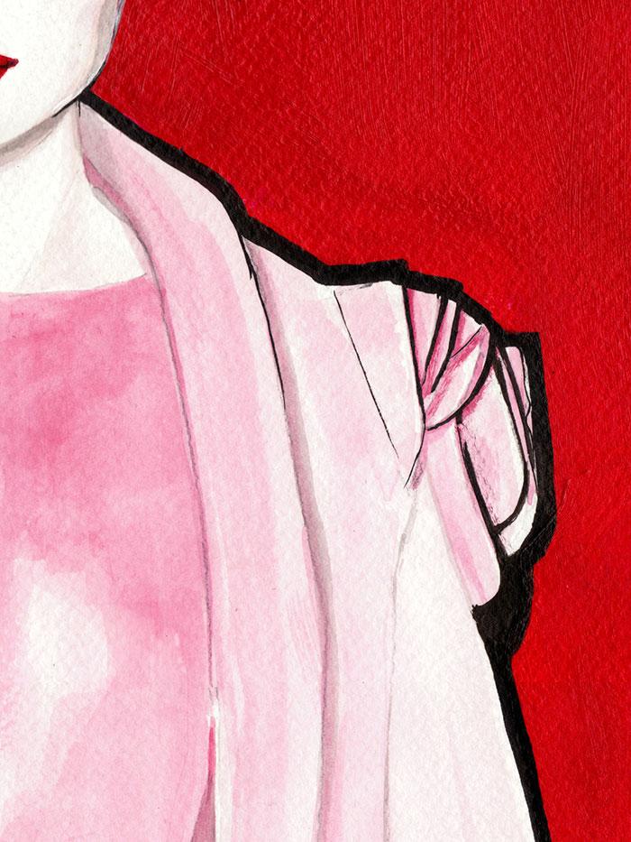 illustration of a woman with a pink dress looking away with red background detail of schoulder