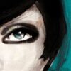 illustration of a woman with short dark hair and blue details, right eye detail