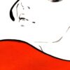 illustration of a womans face with a big red scarf around her neck detail of face