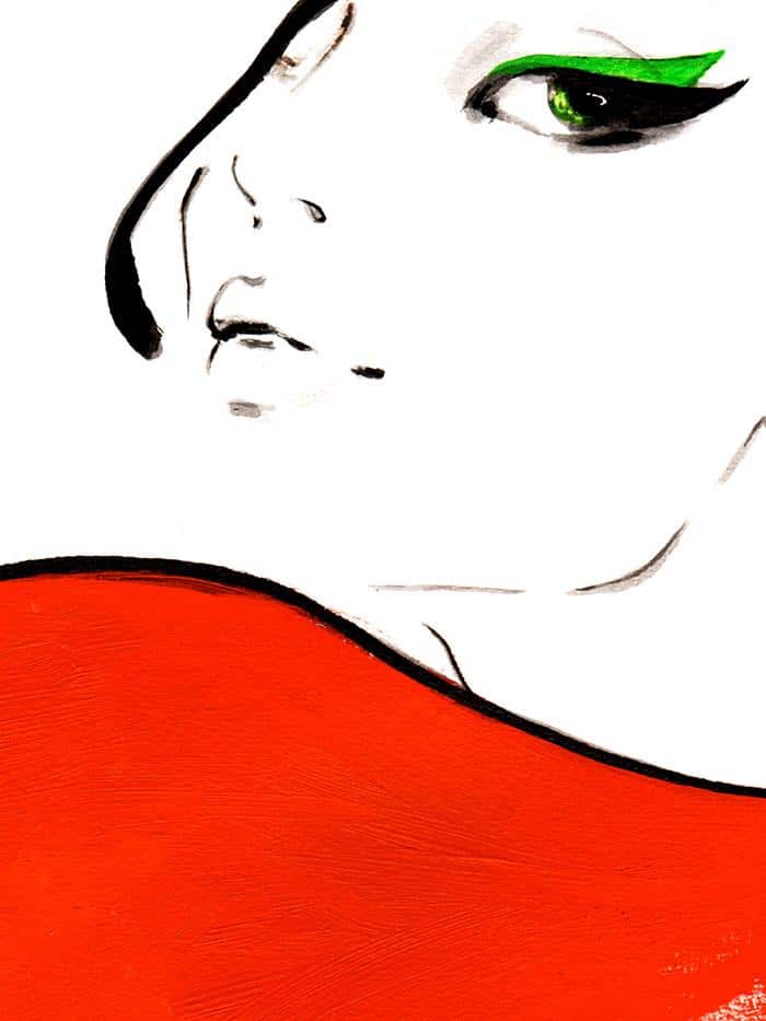 illustration of a womans face with a big red scarf around her neck detail of face
