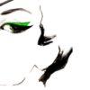 illustration of a womans face with a big red scarf around her neck detail of eye