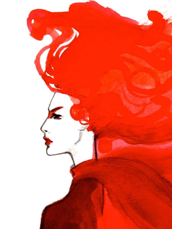 illustration of a woman with a red dress and hair posing detail of head