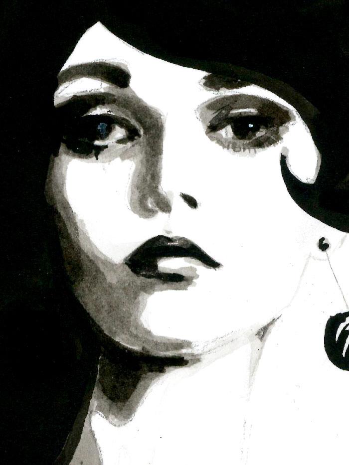 black and white illustration of a woman with a hat, jacket and bracelet on detail of face