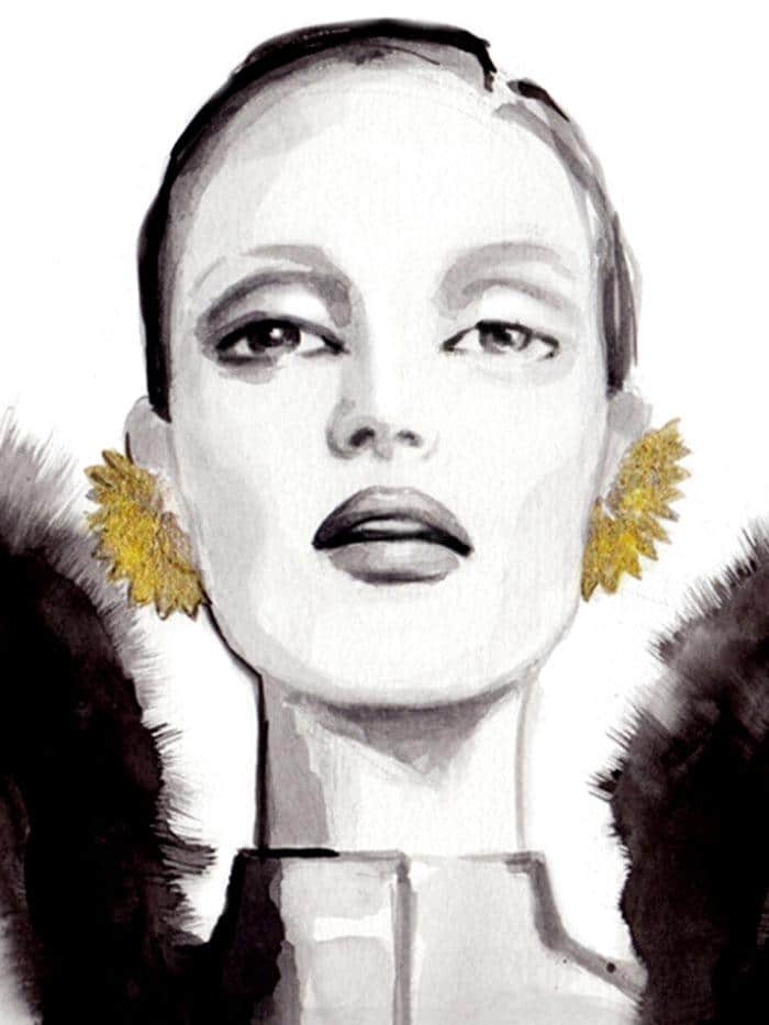 illustration in black and white of a woman with wings and golden earrings closeup of head