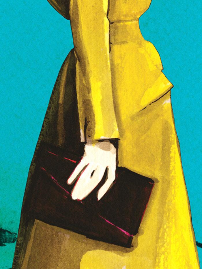 Detail of hand closeup woman in yellow raincoat