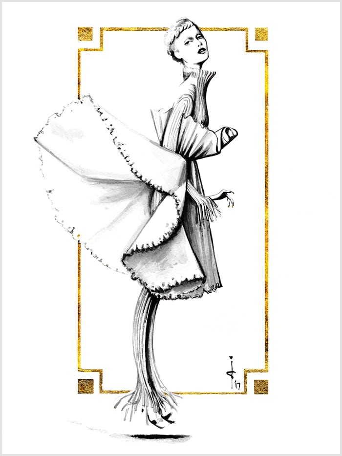 black and white illustration of a floating woman in a dress from the side with golden framing behind her