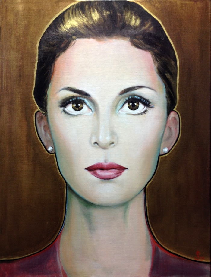 art portrait of a brown haired woman with her hair tied with a dark backgorund and golden lining