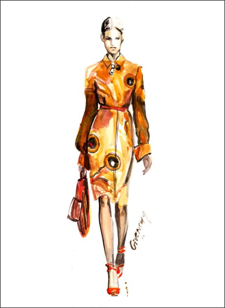 illustration of a woman walking in a orange dress holding a big orange hat in her hand